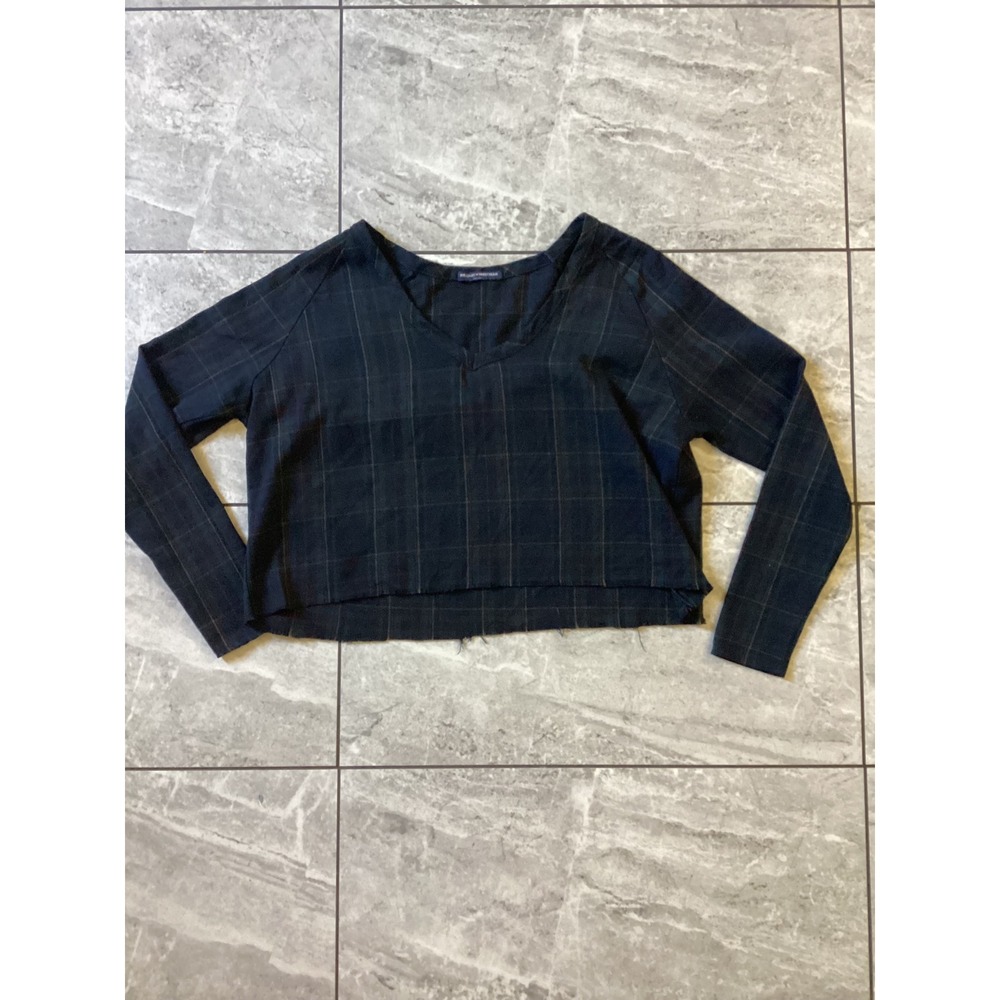 Brandy Melville Womens Plaid V-Neck Long Sleeve Crop Top Navy Green One Size